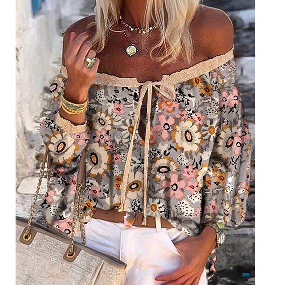 BellanBlue Tops - Boho Floral Print Off Shoulder Loose Fit Blouse